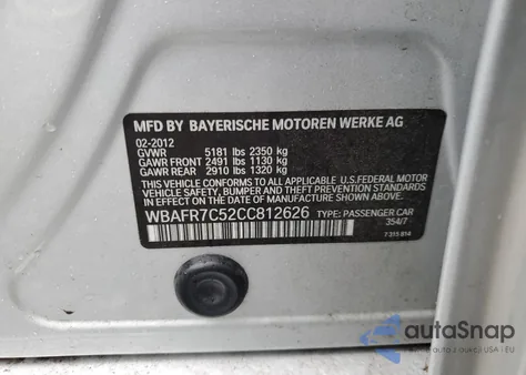2012 BMW 535 I from USA, damaged, VIN WBAFR7C52CC812626